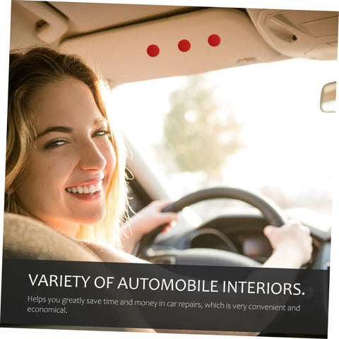 Woman driving a car, interior view showing headliner with red fabric accents, variety of automobile interiors highlighted.
