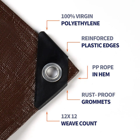 Corner detail of 20x30 Heavy Duty Waterproof 12 Mil Tarp Cover Reversible Tarpaulin With UV Resistance Reinforced Edges And Metal Grommets