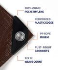 Heavy Duty Waterproof 12 Mil Safety Reversible Tarp Cover with reinforced edges, rust-proof grommets, and brown finish.