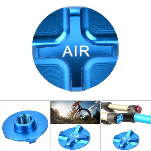 Blue Aluminum Alloy Front Fork Valve Cover For Bike Suspension Airtight Valve Cap with 'AIR' text in center.