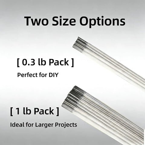 Two size options for Aluminum Welding Rods E4043 Alloy For One Eighth Inch By Fourteen Inch Stick Electrodes, 0.3 lb and 1 lb packs.