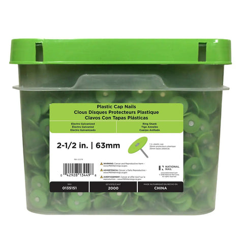 Straight Up Heavy Duty Two And Half Inch Plastic Cap Ring Shank Nails Top Shelf Electro Galvanized in 2000 count storage pail.
