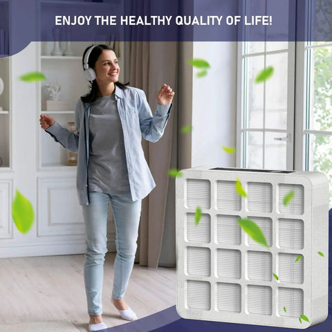 Woman enjoying clean air with F8S Pre-Filter True HEPA Replacement Filter for HealthPro Series 1st Stage beside her