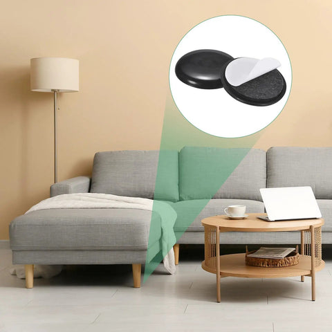 Image of Heavy Duty 24 Pack Furniture Sliders With Grip Fast Adhesive Backing and Thick Eva Foam Core, showing adhesive backing and couch. 