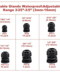 Waterproof Adjustable Cable Glands Kit 60 Pack Black Nylon Joints With Gaskets, 7/64 To 5/8 Inch Range, Includes PG7 PG9 PG11 PG13.5 PG16 PG19