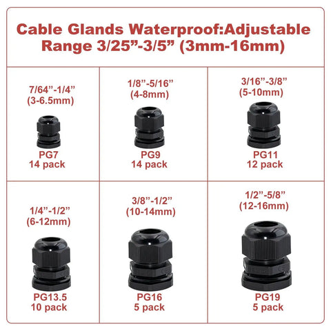 Waterproof Adjustable Cable Glands Kit 60 Pack Black Nylon Joints With Gaskets, 7/64 To 5/8 Inch Range, Includes PG7 PG9 PG11 PG13.5 PG16 PG19