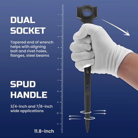 Three Piece Spud Wrench Set Heavy Duty Featuring A Twelve Inch Spud Wrench, shown with dual socket for beam alignment