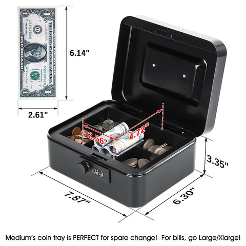 Cash Box With 3 Digit Combination Lock Metal Money Safe Box With Tray For Loose Change And Small Items Secure Home Office Desk Organizer Compact Black 7.87 By 6.30 By 3.35 Inches with a tray holding coins