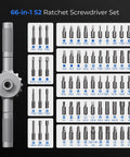 66-in-1 S2 Magnetic Ratchet Screwdriver Set With T Handle showing various S2 steel bits for home repair