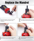 Rivet nut tool mandrel replacement kit with 3/8-16 mandrel and 10 rivet nuts; red and black tool shown