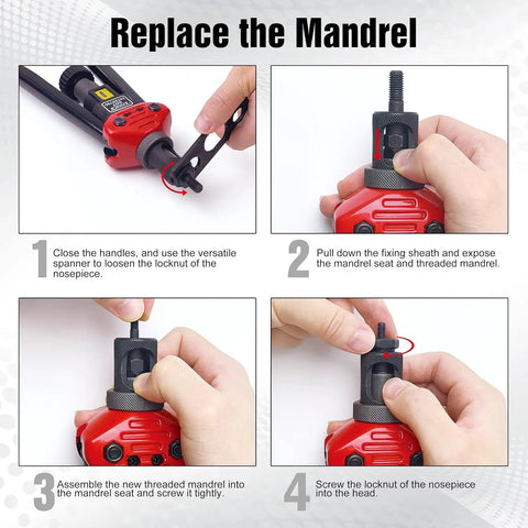 Rivet Nut Tool Mandrel M5 Kit with 10 Rivet Nuts for Auto DIY Projects, instruction on mandrel replacement process