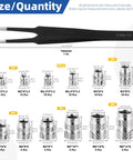 Heat Set Threaded Inserts Kit For 3D Printing M2 To M6 100 Pcs 303 Stainless Knurled Female Inserts with size chart and tweezers
