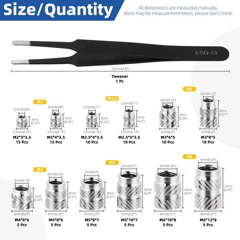 Heat Set Threaded Inserts Kit For 3D Printing M2 To M6 100 Pcs 303 Stainless Knurled Female Inserts with size chart and tweezers
