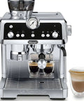 Premium Espresso Machine With Integrated Burr Grinder And Smart Tamping Station For Killer Shots And Smooth Extraction In Sleek Stainless Steel Finish with coffee cups.