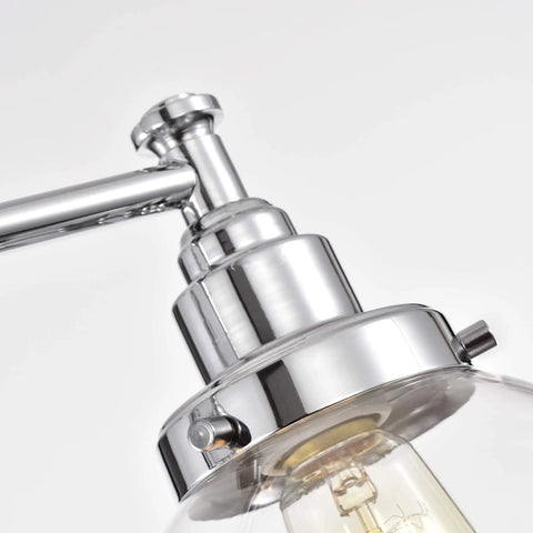 Close-up of sleek chrome finish on the Four Light Chrome Bath Vanity Fixture With Globe Glass Uplight And Downlight 30 Inch Wide