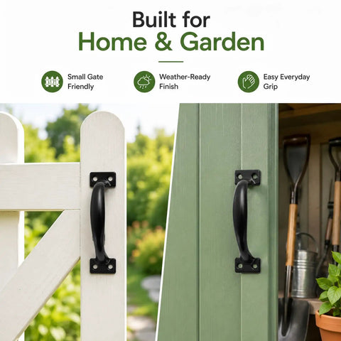 Beefy Heavy Duty 5 Inch Black Steel Gate Handle Pulls For Wooden Fence Barn Shed And Garage Doors 2 Pack on white gate and green shed