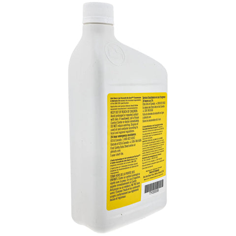 Side view of Hy-Gard Transmission And Hydraulic Oil 32 Oz TY22035, yellow label with detailed instructions visible.