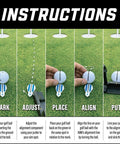 Instructions for using Game-Changing 360 Degree Alignment Golf Ball Marker And Putting Aid For Precise Putts Rotate To Aim USGA Compliant Blue Gift For Men And Women Golfers, showing steps to mark, adjust, place, align, and putt.