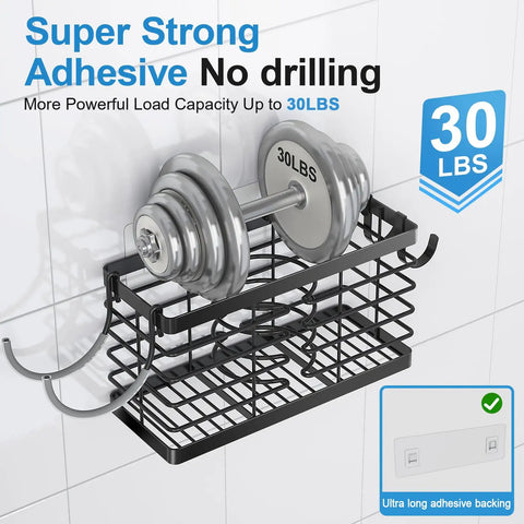 Black metal wall-mounted holder supporting 30 lbs weight, showcasing strong adhesive, part of Three In One Hair Tool Organizer.