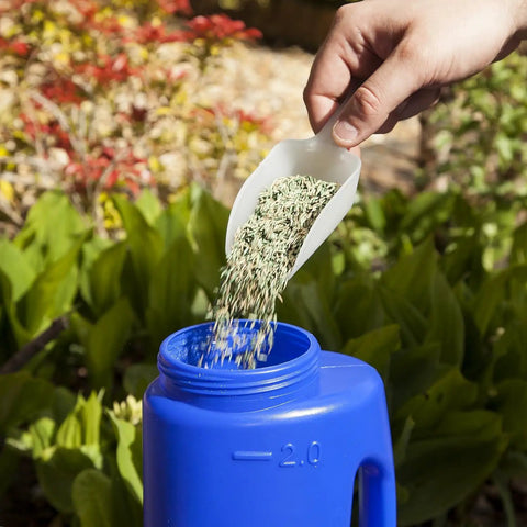 Hand pouring seeds into Heavy Duty Hand Held Spreader With Adjustable Hole Size For Seeds Fertilizer Salt Ice Melt And Pest Control Granules 2 Liter Capacity Includes Scoop Durable Garden Tool For Lawn Garden And Driveway Maintenance Blue