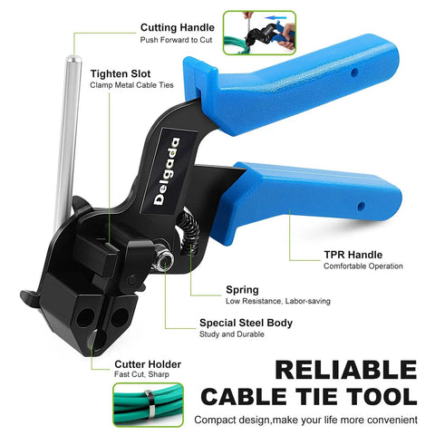 Cable tie gun from Beefy Heavy Duty Stainless Steel Zip Ties 100 Pack with 10.6 Inch Length, showing features and design.