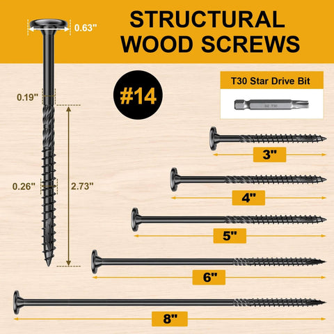 14 x 5 Wood Structural Lag Screws 108 Pieces Beefy Star Drive Decking Screws For Timber Log Landscaping Wood Rust Resistant Carbon Steel ACQ Treated Compatible Heavy Duty Outdoor Fasteners