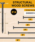 Heavy Duty Structural Wood Lag Screws No 14 By 8 Inch Premium Carbon Steel Fasteners with size and T30 drive bit shown.