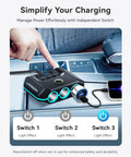 7-In-1 Cigarette Lighter Splitter With 120W Car Charger, 3 sockets, USB ports, LED display, mounted on car console