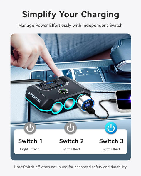 7-In-1 Cigarette Lighter Splitter With 120W Car Charger, 3 sockets, USB ports, LED display, mounted on car console