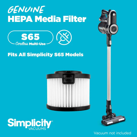 SF65 Replacement HEPA Filter For Cordless Stick And Handheld Vacuums, S65 Models Certified 99.97 Percent Dust Pollen Dander Capture At 0.3 Micron displayed next to a vacuum cleaner, with packaging details and Simplicity brand logo on a blue background.