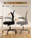 Ergonomic Mesh Desk Chair With 330Lbs Capacity, High Back Support, shown with 90-degree flip-up armrests next to a desk.