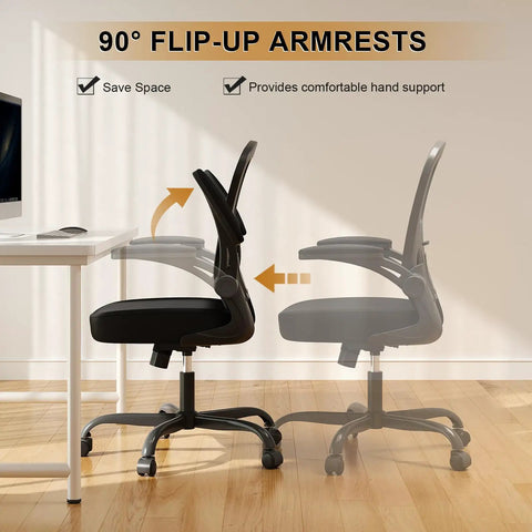 Ergonomic Mesh Desk Chair With 330Lbs Capacity, High Back Support, shown with 90-degree flip-up armrests next to a desk.
