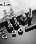 3/8-16 Hex Head Bolt Set With Nuts, Flat And Lock Washers, 20 Pcs, 1-1/2 Inch Length, 304 Stainless Steel on black surface