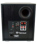 Rear view of Shaker 8 Inch Powered Subwoofer With 400W Peak 200W RMS Class D Amplifier showing inputs and outputs