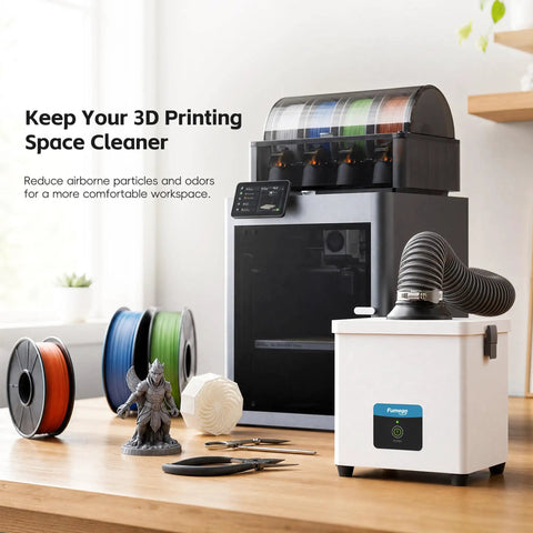 Heavy Duty Solder Fume Extractor With HEPA And Carbon Filter 180 Cubic Meters Per Hour next to 3D printer on desk