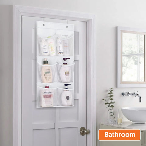 Two Pack Narrow Over The Door Shoe Organizer With Clear Mesh Pockets For Small Doors in bathroom holding toiletries