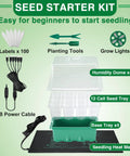 All In One Seed Starter Kit With Grow Light And Heat Mat For Indoor Gardening Four 12 Cell Trays That Hold 48 Seedlings Includes Humidity Domes Base Trays USB Cables And Tools Beginner Friendly Propagation components displayed