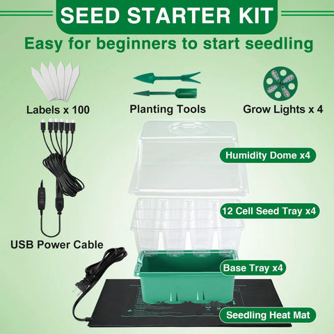 All In One Seed Starter Kit With Grow Light And Heat Mat For Indoor Gardening Four 12 Cell Trays That Hold 48 Seedlings Includes Humidity Domes Base Trays USB Cables And Tools Beginner Friendly Propagation components displayed