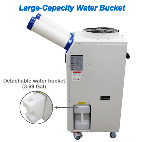 Heavy Duty 18700 BTU Mobile Industrial Air Conditioner With Smart Digital Interface and Dual Cooling Ducts For Quick Indoor Outdoor Job Site Cooling 110V No Fuss Portable Spot Cooler with large-capacity detachable water bucket.