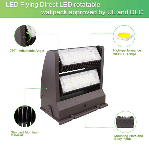 80W LED Wall Pack Light With 10800 Lumens, 5000K Cool White, Rotatable Head From 0 To 270 Degrees, IP65 Outdoor Security