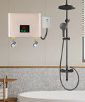 3000W Electric Tankless Water Heater With LED Display And Instant Hot Flow mounted above a modern bathroom shower setup.