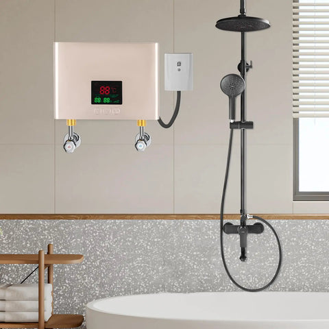 3000W Electric Tankless Water Heater With LED Display And Instant Hot Flow mounted above a modern bathroom shower setup.