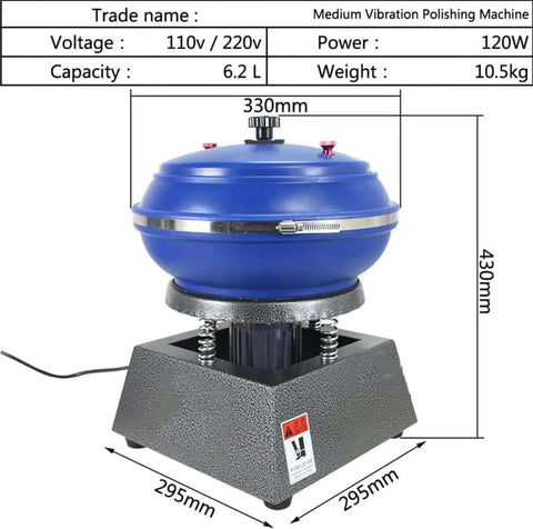 High Frequency Vibration Tumbler Polisher For Jewelry, Stone And Metal Parts, 6.2L Drum with dimensions and specifications