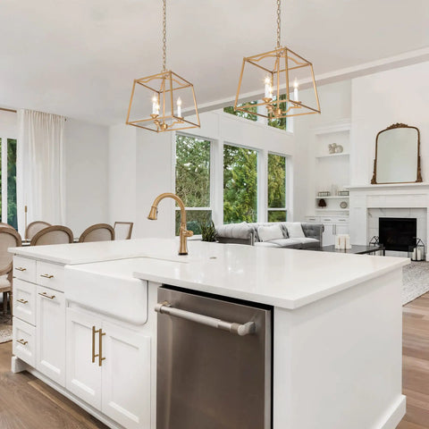 Gold Lantern Chandelier Three Light Pendant Lighting For Kitchen Island And Dining Room In Antique Brushed Gold Finish