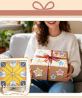 Wooden Coaster Painting Kit With Wood Stand for Adults, featuring a barn quilt pattern and displayed on a wooden stand.