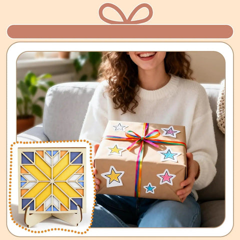 Wooden Coaster Painting Kit With Wood Stand for Adults, featuring a barn quilt pattern and displayed on a wooden stand.