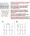 Diagram showing wiring connections for a polarized DC circuit breaker with terminal polarity instructions in multiple languages.