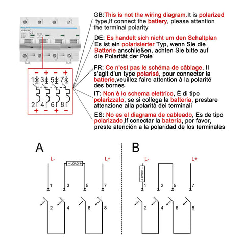 Diagram showing wiring connections for a polarized DC circuit breaker with terminal polarity instructions in multiple languages.