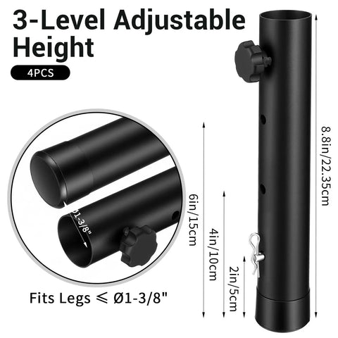 Heavy Duty 4 Pack Folding Table Leg Extenders With Three Level Adjustable Risers showing height options and mounting details in black finish.