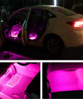 Under Dash Car LED Strip Light Kit 4 Pack 48 LEDs Waterproof Interior Neon Accent Strip For Cars DC 12V Pink Mood Lighting Easy To Install Hides Under Dash For Cozy Cabin Glow in a car.